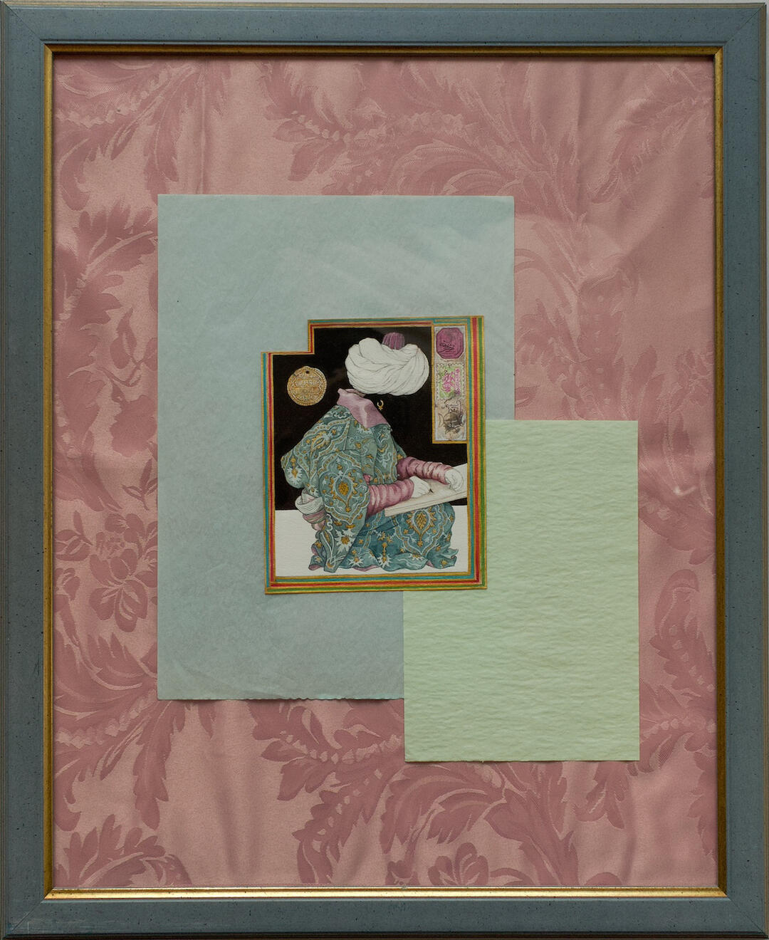 Image of a Seated Scribe, 2022. Watercolour painting on paper layered over Onionskin paper and Damask 55x45cm