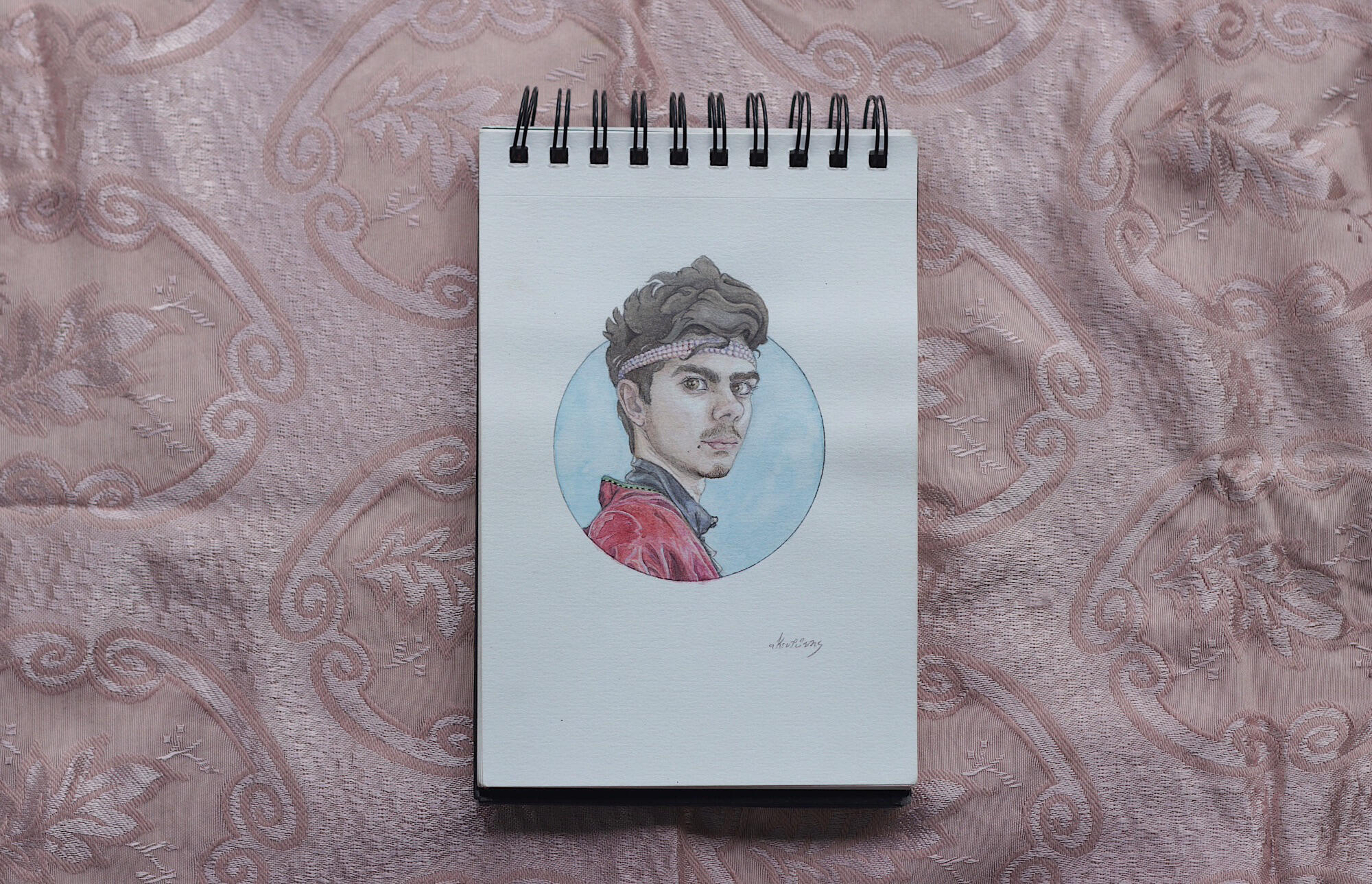 Self portrait with pearl string, 2020. Watercolour on paper 19×14cm