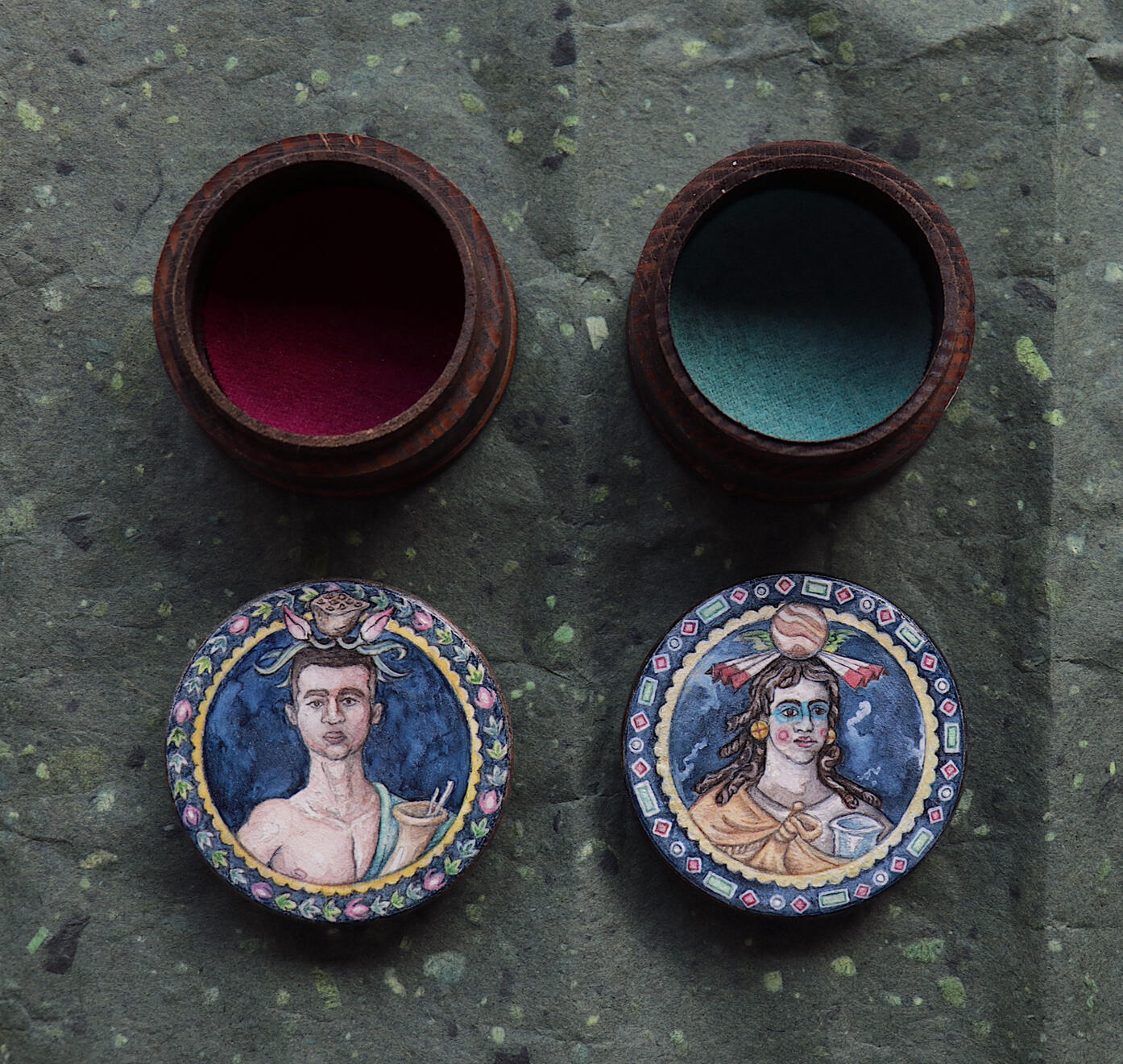 Set of painted pyxides 2019 Watercolour on wood 5.5x5.5x3.5cm