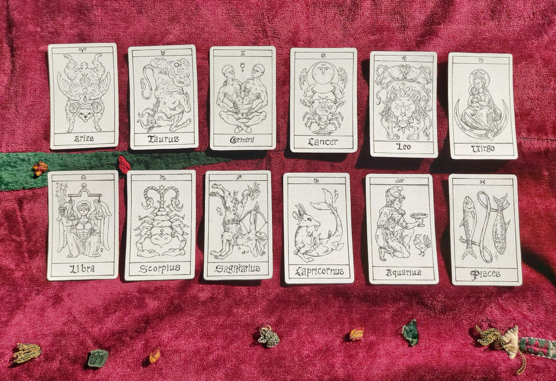 The &quot;Zodiac Circle&quot; series, 2020. Pen on Paper, 12 pieces 8,5×5,5cm each.